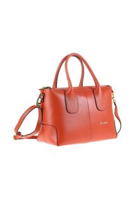 Borsa a mano in pelle arancione con doppi manici, tracolla removibile, hardware dorato e piccolo dettaglio del logo sul lato frontale.