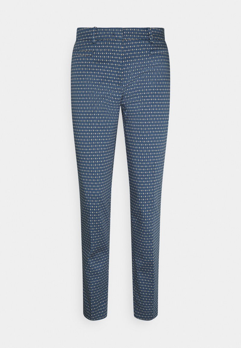 Pantalons bleus à motif présentant un design géométrique, coupe droite et texture de tissu lisse. Comprend des passants de ceinture et des poches avant.