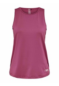 Canottiera sportiva senza maniche di colore mauve uniforme con scollatura rotonda e piccolo logo bianco vicino all'orlo inferiore sul davanti.