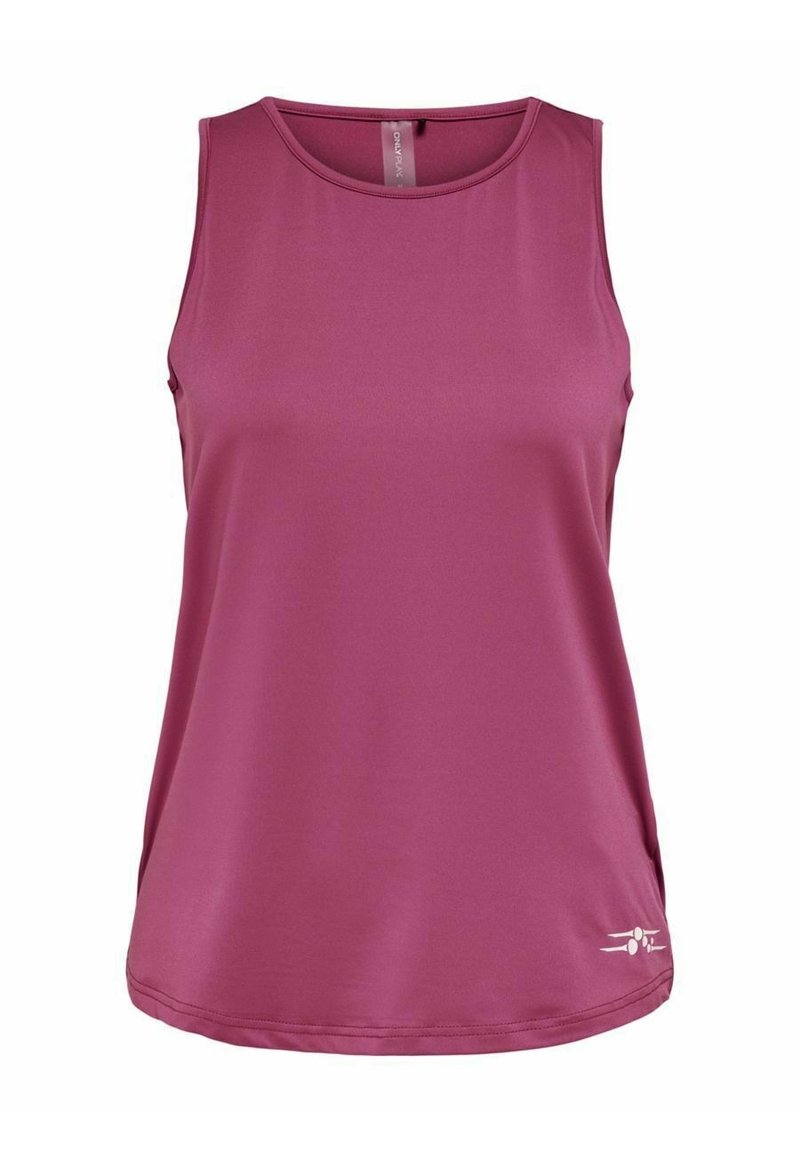 Canottiera sportiva senza maniche di colore mauve uniforme con scollatura rotonda e piccolo logo bianco vicino all'orlo inferiore sul davanti.