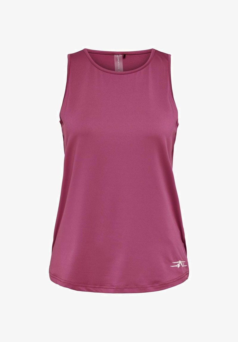 Sportovní tílko bez rukávů v jednobarevném odstínu mauve s kulatým výstřihem a malým bílým logem poblíž spodního lemu na přední straně.