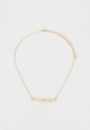 Gouden ketting met het woord "SCORPIO" en heldere stenen accenten. Lichtgewicht ketting met een kreeftsluiting en een verstelbare lengte.