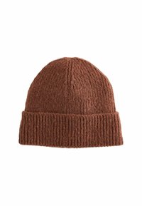 Bonnet en laine marron tricoté avec un design à côtes texturé et un revers replié, fabriqué en matériau doux, adapté aux temps froids.