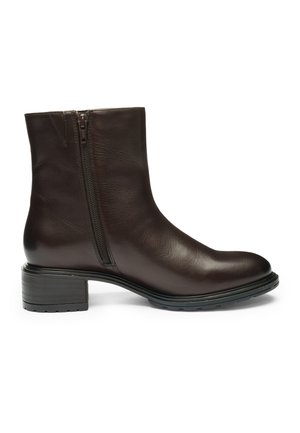 Dark brown leather ankle boot with side zipper, rounded toe, block heel, and textured sole, shown from the outer side on a white background.