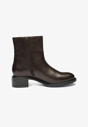 Dark brown leather ankle boot with side zipper, rounded toe, block heel, and textured sole, shown from the outer side on a white background.