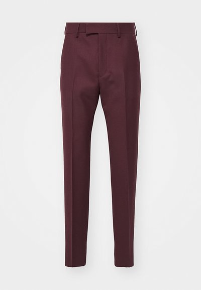 Burgundy tailored trousers with a straight cut, smooth texture, and pressed creases. Features a belt loop and front pockets.