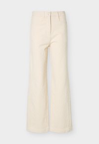 Υψηλοκάβαλα κρεμ παντελόνια με φαρδιά μπατζάκια, με κουμπί στο μπροστινό μέρος, κλείσιμο με φερμουάρ, θηλιές για ζώνη και διακριτική υφασμάτινη υφή.