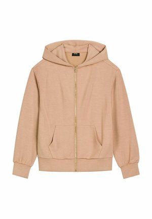 Beżowa bluza z kapturem na zamek, z przednimi kieszeniami, długimi rękawami, ściągaczami na mankietach i u dołu oraz przymocowanym kapturem.