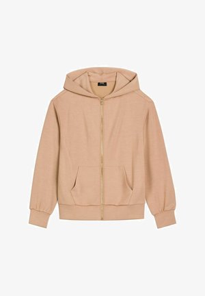 Beżowa bluza z kapturem na zamek, z przednimi kieszeniami, długimi rękawami, ściągaczami na mankietach i u dołu oraz przymocowanym kapturem.