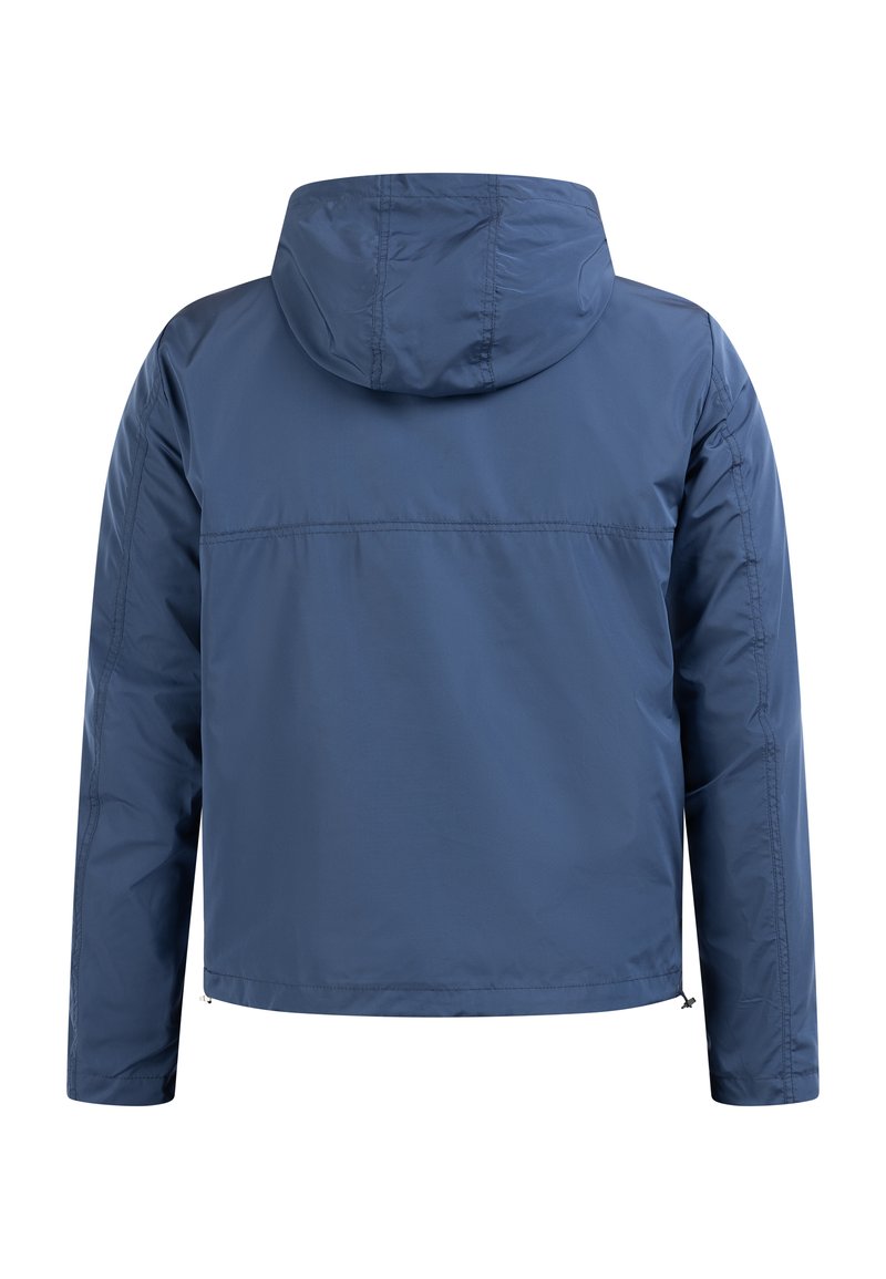Veste à capuche bleu marine en tissu léger, au couper droit, avec des poignets élastiques et unourlet zippé pour un ajustement.