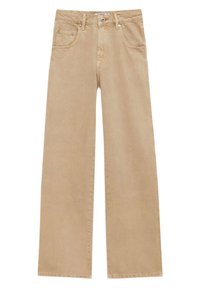 Jean large beige à taille haute, avec deux poches avant, une fermeture à bouton et un léger détail de couture sur les coutures et les poches.