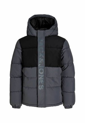 Dunkelgraue und schwarze gesteppte Jacke mit Kapuze, zwei Vordertaschen und vertikalem "JACK & JONES"-Text auf der vorderen Reißverschlussblende.