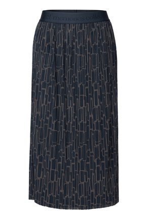 Navy pleated midi skirt with a geometric patterned texture, featuring a dark waistband embossed with "collect memories".