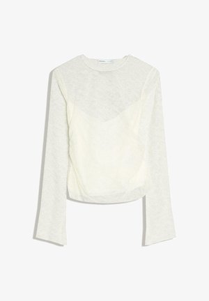 Biela čipkovaná dlhorukávová blúzka s okrúhlym výstrihom a priliehavým, polopriehľadným kvetinovým čipkovým vzorom po celom povrchu.