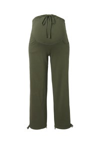 Olivově zelené, elastické těhotenské kalhoty s vysokým pasem, nastavitelnou šňůrkou, dvěma bočními kapsami a zipy na kotnících.