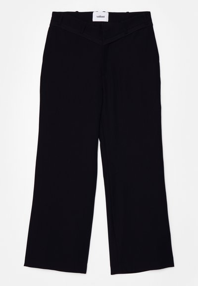 Black wide-leg trousers made from a smooth fabric. Features a flat waistband with belt loops and a clean finish at the hems.