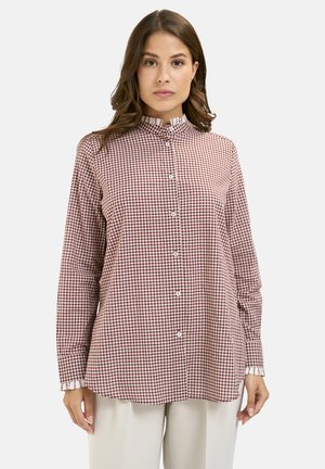 Red and white checkered shirt with a high collar and button closure. Long sleeves with a striped accent at the cuffs. Cotton material.