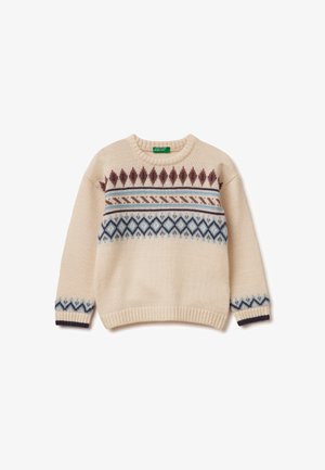 Pullover color crema con scollo rotondo. Presenta motivi geometrici in marrone, blu e blu navy sul petto e sulle maniche. Tessitura a maglia.