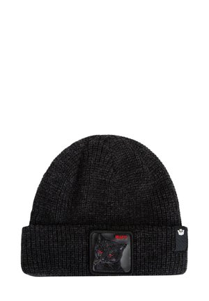 Bonnet tricoté noir avec un revers, ornée d'un patch de chat noir avec des accents rouges. La texture est côtelée et légèrement extensible.