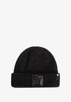 Schwarze gestrickte Mütze mit umgeschlagenem Rand, die ein Aufnäher eines schwarzen Katzens mit roten Akzenten zeigt. Die Textur ist gerippt und leicht dehnbar.