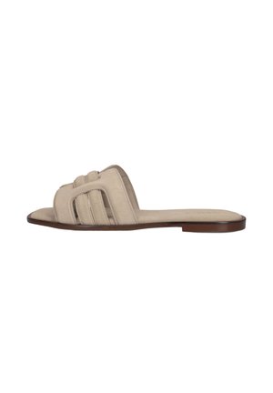 Beige platte slide sandaal met open-toe ontwerp en drie gewatteerde horizontale banden over de voet, bruine zool.