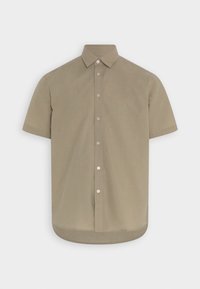 Beige kortärmad skjorta med knappar för män, med klassisk krage och rundad nederkant, visad mot en vit bakgrund.