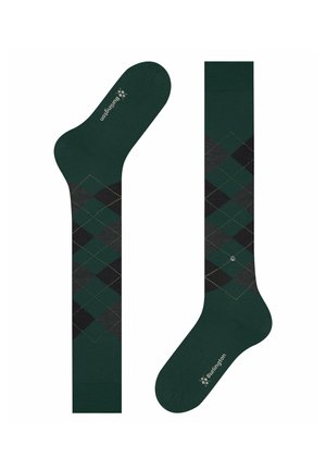 Chaussettes montantes vert foncé avec un motif argyle noir et gris et un petit logo Burlington sur le pied et le mollet.