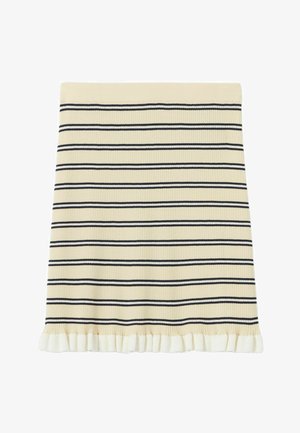 Jupe côtelée kaki avec des rayures horizontales bleu marine et un ourlet volanté en bas. Le tissu a une texture douce et un design décontracté.