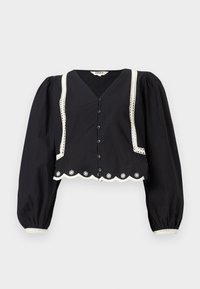 Blouse noire cropped avec des manches bouffantes, décolleté en V, détails en dentelle blanche sur les bords, fermeture à boutons, et broderie florale à l'ourlet.