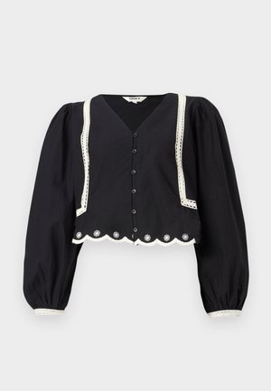 Blusa preta curta com mangas bufantes, decote em V, detalhes em renda branca nas bordas, fechamento com botões e bordado floral na bainha.