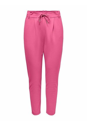 Pantalon rose taille haute à jambes fuselées avec plis devant, lien coulissant, passants de ceinture et ourlet ajusté à la cheville.
