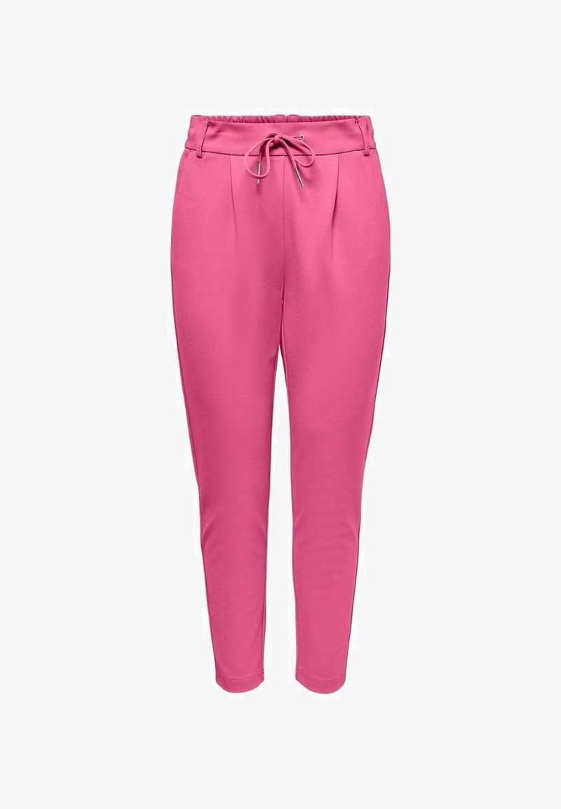 Pantalon rose taille haute à jambes fuselées avec plis devant, lien coulissant, passants de ceinture et ourlet ajusté à la cheville.