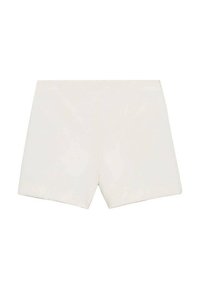 White, tailored shorts with a flat front, smooth texture, and straight cut. No visible hardware or patterns. Simple, minimalistic design.