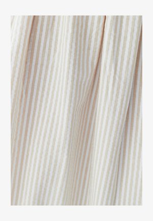 Striped fabric in beige and white with a textured surface, featuring vertical lines and soft draping. Lightweight material indicated.