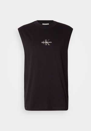 Black sleeveless t-shirt made of cotton, featuring a crew neck and a logo with "Calvin Klein Jeans" in silver at the center front.