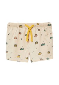 Beige shorts met gedrukte kleurige auto's, een elastische tailleband met een gele koord en zijzakken voor extra detail. Lichte stof.