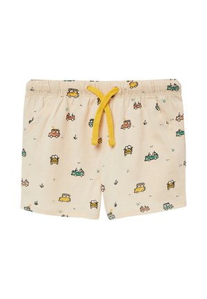 Beige shorts met gedrukte kleurige auto's, een elastische tailleband met een gele koord en zijzakken voor extra detail. Lichte stof.