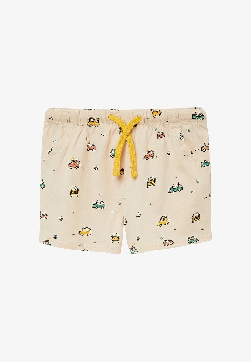 Beige shorts met gedrukte kleurige auto's, een elastische tailleband met een gele koord en zijzakken voor extra detail. Lichte stof.