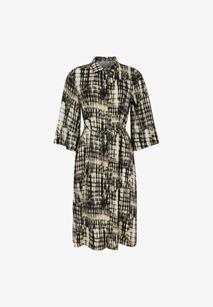 Sukienka o średniej długości w kolorze czarnym i kremowym z wzorem w kratkę. Posiada kołnierz, rękawy o długości trzy czwarte oraz paskiem w talii. Gładki materiał.