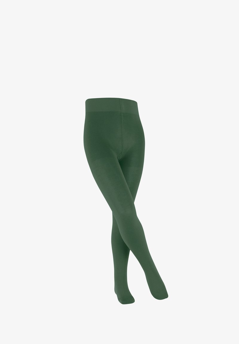 Zielone rajstopy wyeksponowane w pozycji pionowej, podkreślające ich gładką teksturę i nieprzezroczysty materiał, ze szczególnym uwzględnieniem żywej barwy i dopasowania.