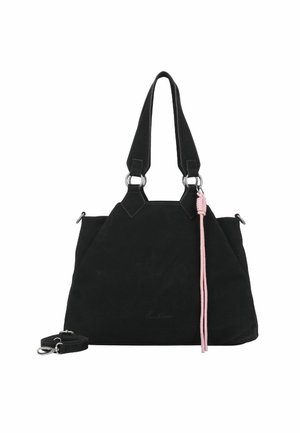 Zwarte suède totebag met dubbele handvatten, zilveren accenten en een roze kwast. Bevat een afneembare schouderriem voor veelzijdige draagmogelijkheden.