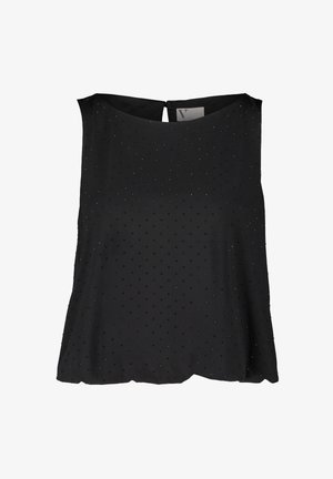 Czarna bezrękawnik z lekkiego materiału, z teksturowanym wzorem małych kropek i dekoltem w kształcie łezki z tyłu.