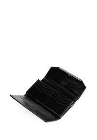 Black leather wallet with a smooth texture, featuring multiple card slots and an embossed logo. Open design shows interior compartments.
