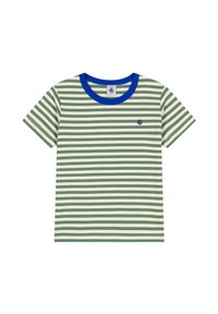 Gestreepte t-shirt met korte mouwen in groen en roomkleur, voorzien van een blauwe ronde hals en een klein logo op de borst. Katoenmix, gladde textuur.