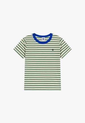 Gestreepte t-shirt met korte mouwen in groen en roomkleur, voorzien van een blauwe ronde hals en een klein logo op de borst. Katoenmix, gladde textuur.