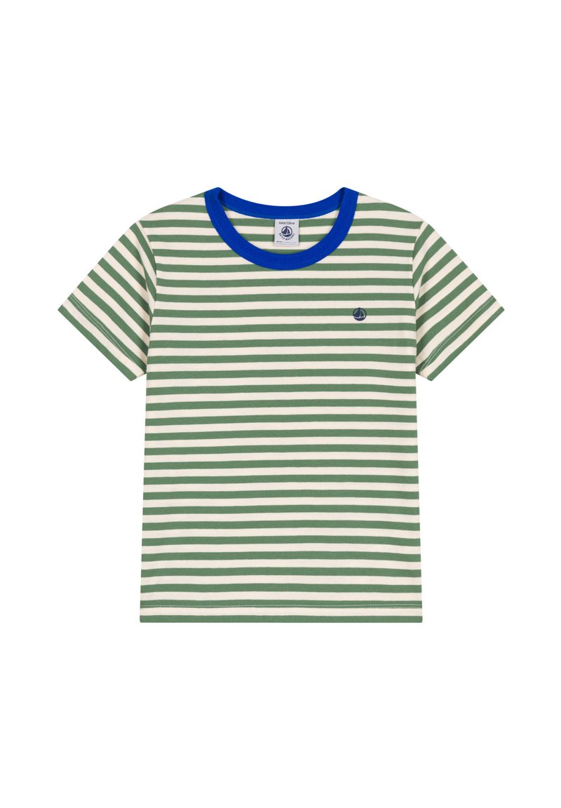 Gestreepte t-shirt met korte mouwen in groen en roomkleur, voorzien van een blauwe ronde hals en een klein logo op de borst. Katoenmix, gladde textuur.