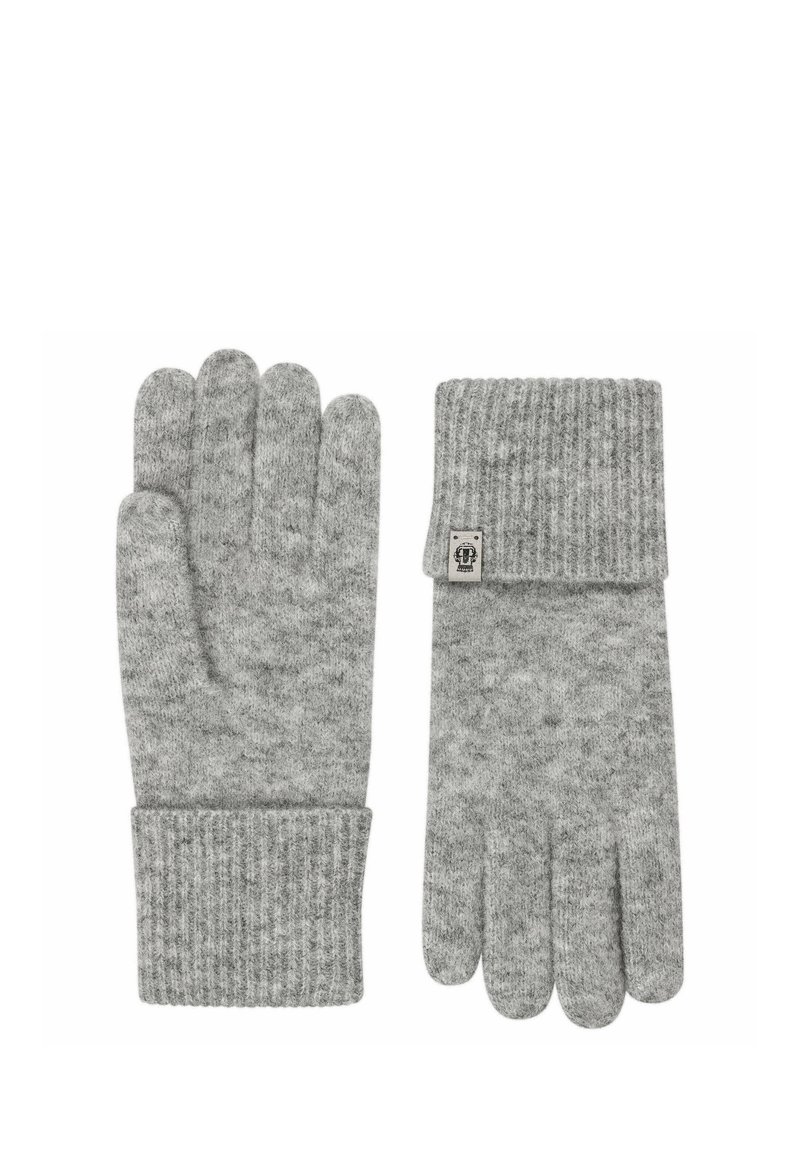 Graue Strickhandschuhe mit einem gerippten Bündchen. Hergestellt aus strukturiertem Stoff mit weicher Oberfläche, mit fünf Fingeröffnungen für einfaches Anziehen.