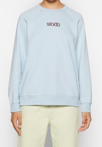 Sudadera azul claro con mangas raglán, puños y bajo de canalé, con el texto bordado "WOOD" en colores contrastantes. Corte superior y relajado.