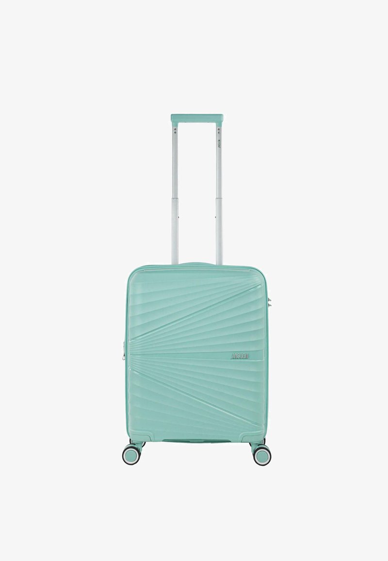 Maleta verde menta con una superficie texturizada y estriada, mango retráctil y cuatro ruedas dobles para facilitar el movimiento. Diseño compacto.