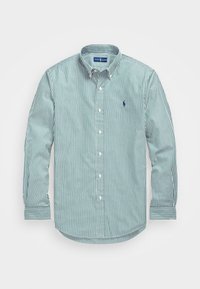 Grün-weiß gestreiftes Langarmhemd mit Knopfleiste und spitzem Kragen. Es hat ein kleines Logo auf der linken Brustseite und Ärmel mit Knöpfen.